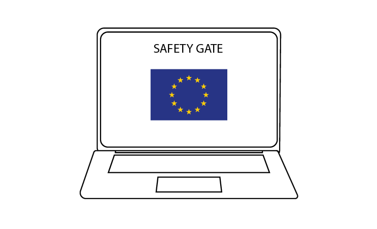 Kannettava tietokone, jonka ruudulla on EU:n lippu ja teksti Safety Gate.